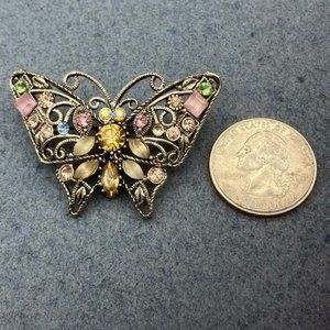 Butterfly Pin Brooch Silver As Is Rhinestone Pink Green Blue Yellow Retro Boho